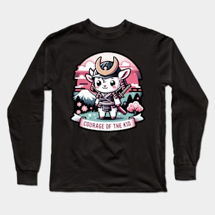 Kawaii Samurai Animal Lamb Warrior with Katana Cute in front of Fuji Mount Blossom Long Sleeve T-Shirt